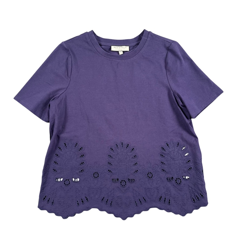Bagatelle Collection Navy Blue‎ Eyelet Embroidered Scallop Short Sleeve  XS 355
